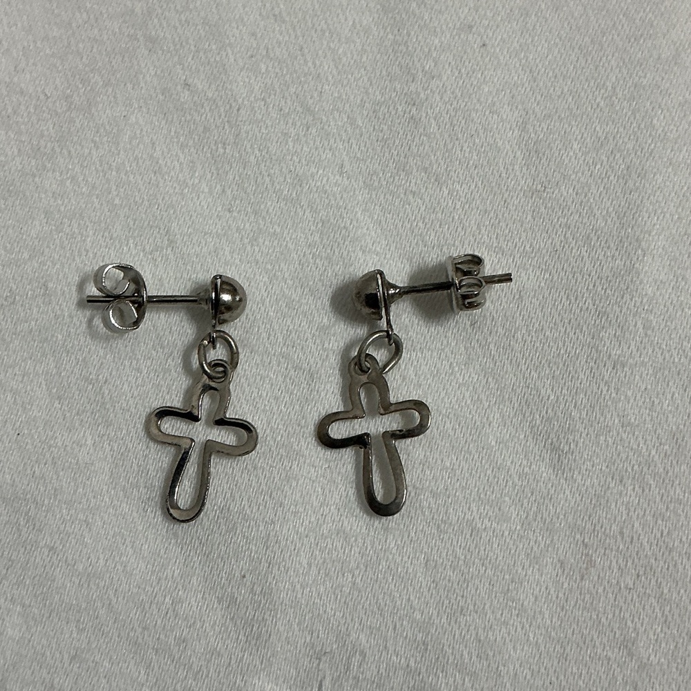 Silver tone Cross Dangle Stud Earrings